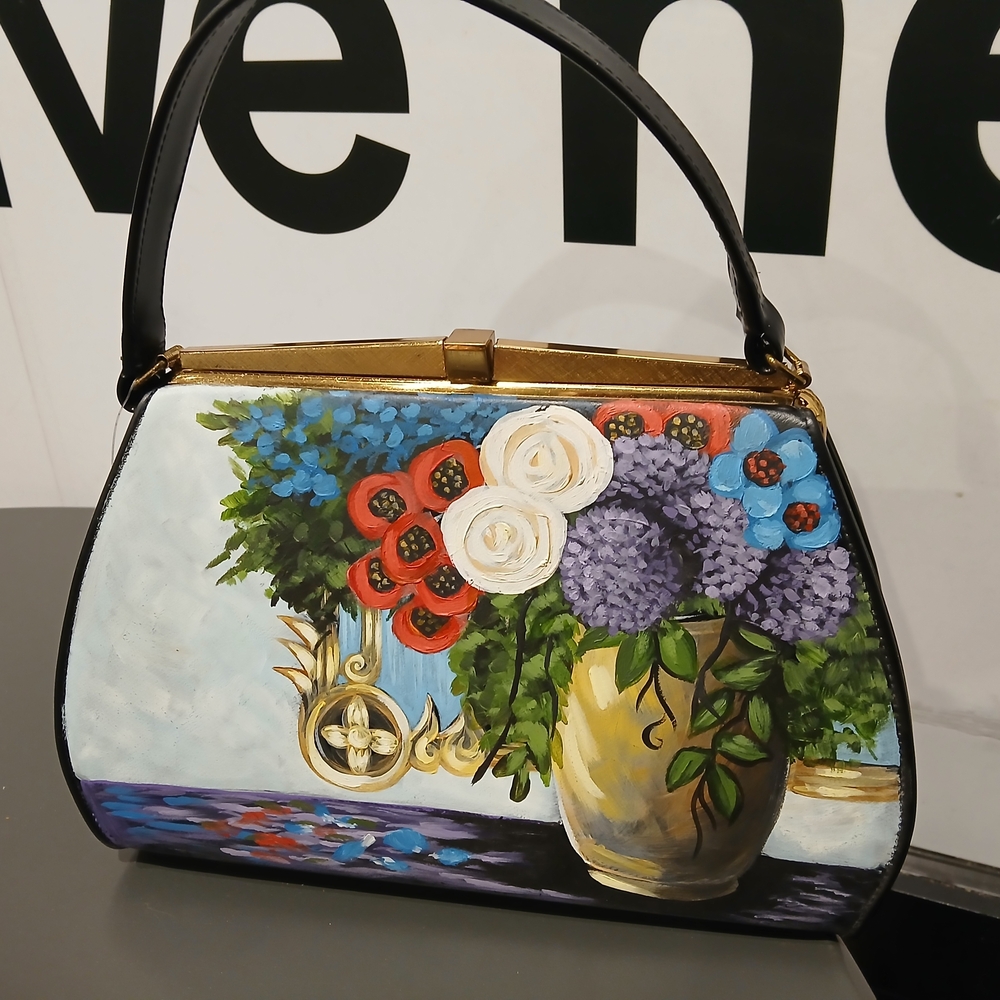 Garay Vintage Retro Top Handel Bag with Painted Floral art design.